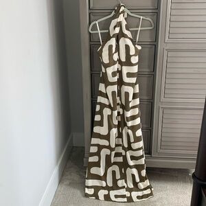 Cleo Abstract Print Tie Halter Linen Blend Maxi Dress